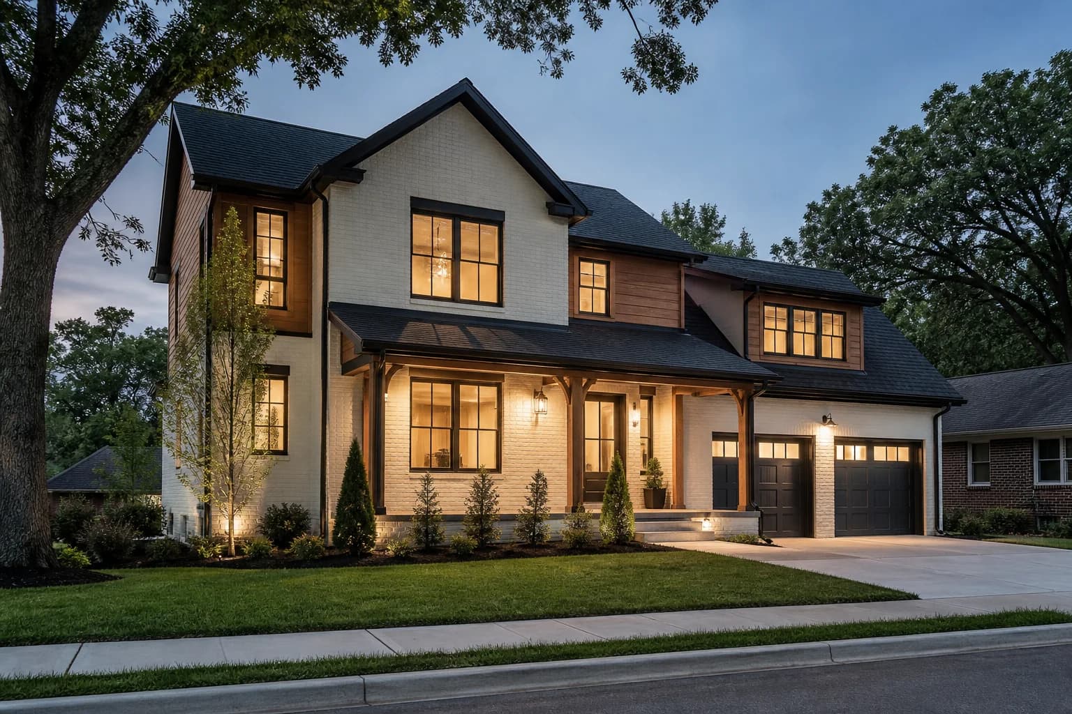 Front exterior of a cream brick and cedar home at dusk